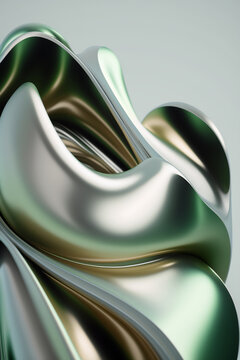 Generative AI illustration abstract background of silver and green shaded wavy texture with shiny satin surface