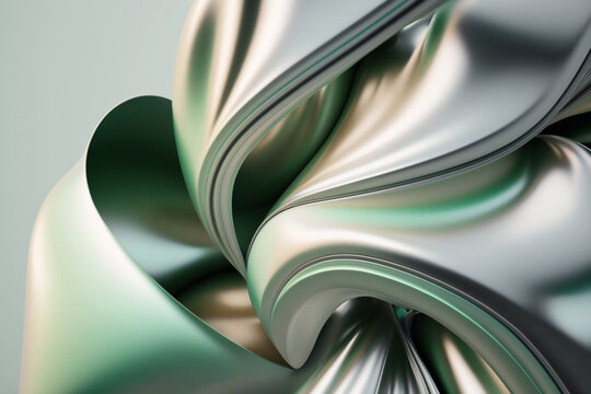 Generative AI illustration abstract background of silver and green shaded wavy texture with shiny satin surface