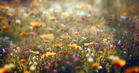 Colorful flower meadow with sunbeams and bokeh lights in summer - nature background banner with...