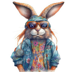 Realistic painted hippie bunny in sunglasses and colorful clothes.