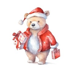 Watercolor teddy bear in santa costume.
