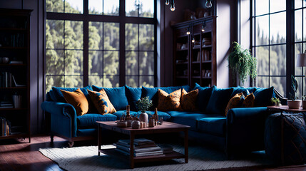 A cozy living room with high windows and a comfortable sectional sofa