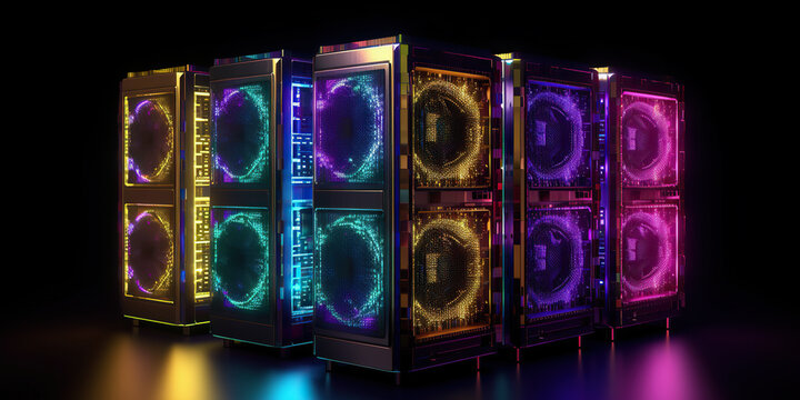Generative AI illustration of modern glowing servers with colorful neon illumination in dark room