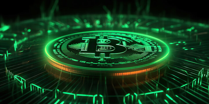 Generative AI creative image of futuristic crypto currency Bitcoin surrounded by glowing and reflecting neon lights on blurred black background