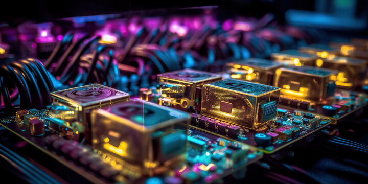 Generative AI image of illuminating circuit boards placed around gold colored mother board processor with micro chips connected in glowing neon lights