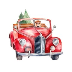 Obraz na płótnie Canvas Watercolor illustration of red retro car with christmas tree anf gift boxes.