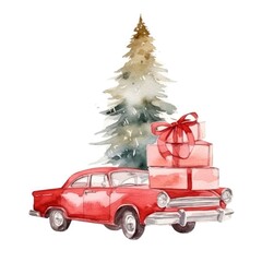 Watercolor illustration of red retro car with christmas tree anf gift boxes.