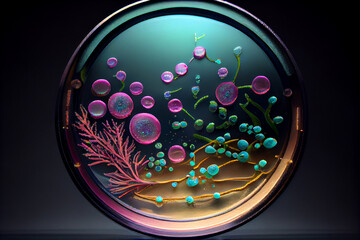 Beautiful microworld, close-up view of microorganisms, generative ai illustration