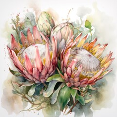 Fototapeta na wymiar Watercolor flower protea.