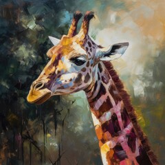 Modern oil painting of colorful Giraffe, animal painting for decoration and interior, canvas art.