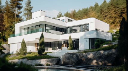 Fototapeta na wymiar Modernes Haus mit wunderschöner Architektur, großen Fenstern und einem wunderschönen Pool.