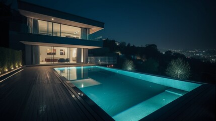 Fototapeta na wymiar Das Bild zeigt eine moderne Terrasse mit wunderschöner LED-Beleuchtung bei Nacht.