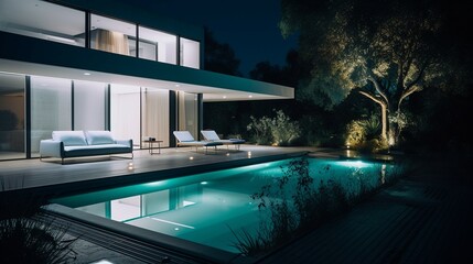 Das Bild zeigt eine moderne Terrasse mit wunderschöner LED-Beleuchtung bei Nacht.