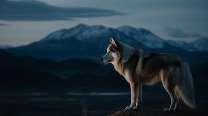 Das Bild zeigt einen Husky bei einem Spaziergang in der Natur zur Abenddämmerung.
