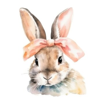 Watercolor cute rabbit with a bow.