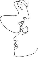 Set of one line faces, couple man and woman. Valentine's day minimalistic vector illustration. Modern single line art.