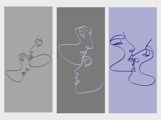 Set of one line faces, couple man and woman. Valentine's day minimalistic vector illustration. Modern single line art.