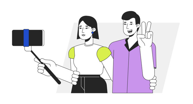 Couple taking selfie flat line vector spot illustration. Happy girl, guy showing peace sign on camera 2D cartoon outline characters on white for web UI design. Editable isolated colorful hero image