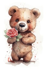 Watercolor teddy bear with flowers.
