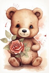 Watercolor teddy bear with flowers.