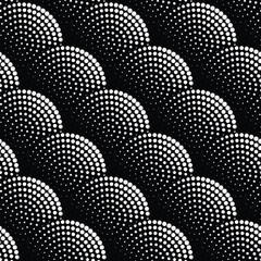 Geometric abstract seamless wavy pattern with dotted circles made of small white dots on a black background. Halftone monochrome textile texture.  Vector illustration. 