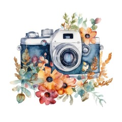 Vintage retro watercolor camera. Perfect for photography logo. Watercolor illustration.