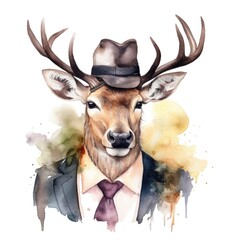 Watercolor hipster deer in a suit and hat.