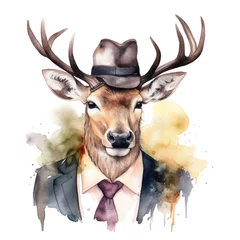 Poster Watercolor hipster deer in a suit and hat. © ku4erashka