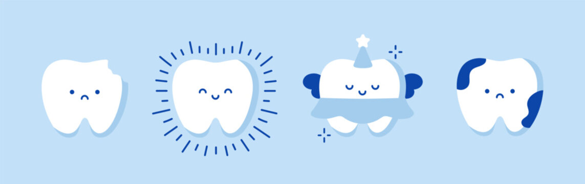 Funny cartoon vector teeth set. Tooth fairy with wings. Broken tooth and tooth with caries, stains. shining tooth. Vector illustration in cartoon style