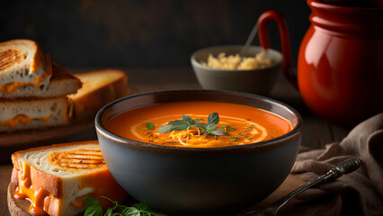 Creamy tomato soup with fresh basil. Generative AI.