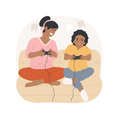 Playing video games isolated cartoon vector illustration. Mom and son play video games, family sitting on sofa, having fun together, people communication, teamwork with parent vector cartoon.
