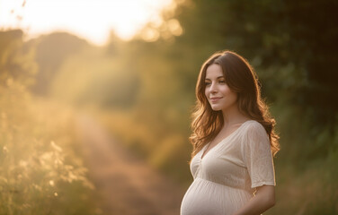 Beautiful young pregnant woman walking in nature. Portrait of a female enjoying a peaceful moment in the evening. Generative AI