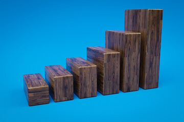 wooden cubes stair raising graph in a row; infinite colorfull background; 3D Illustration