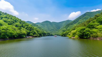 a grand view of a mountain and a big river, generative ai