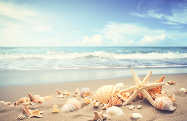 Seashells and starfish on the beautiful tropical beach and sea with blue sky background. Summer vacation concept