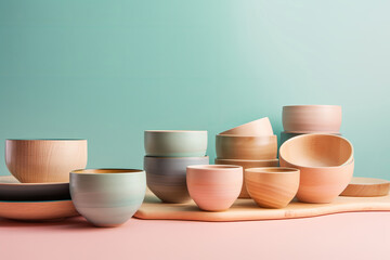 Fototapeta na wymiar Sustainable bamboo natural plates and bowls. Generative ai