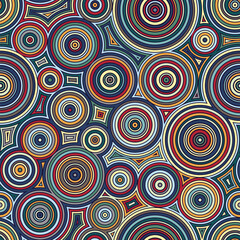 Fototapeta premium Vintage style seamless pattern with multicolored concentric circles on a black background.Striped abstract art illustration. Geometric graphic textile texture. 