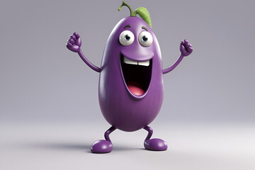 Cute cartoon eggplant character. Happy funny food personage. Healthy food concept. Generative AI.