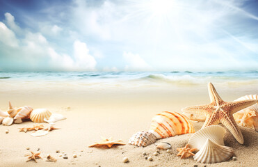Seashells and starfish on the beautiful tropical beach and sea with blue sky background. Summer vacation concept