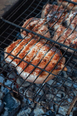 Grilling pork meat on the steel grid. Summer rest concept