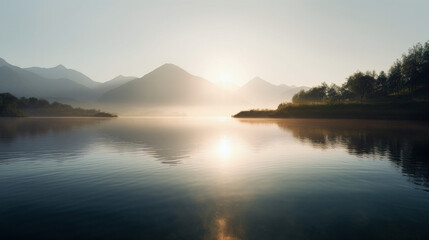 Naklejka na ściany i meble A peaceful morning sunrise over a calm lake with mountain reflections, generative ai