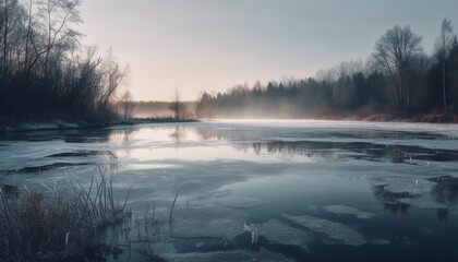 Tranquil scene of frozen pond in winter generative AI