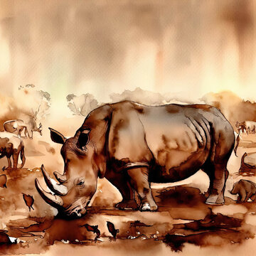 Rhino in the sunset watercolor painting style. Generative AI design.