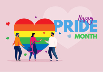 happy pride month, lgbt , people with heart and lgbt flag, banner