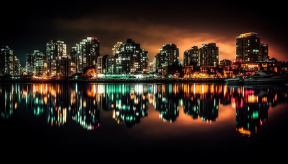 Fototapeta na wymiar Bright city lights reflect on waterfront at dusk generative AI