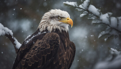 Obraz premium Majestic bald eagle perching on snowy branch generative AI