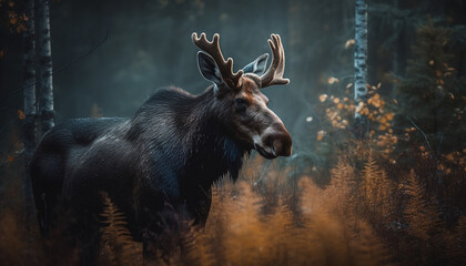 Horned stag grazes in snowy forest meadow generative AI