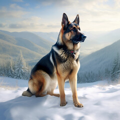 German shepherd. Portrait of a german shepherd dog. generative ai. Dog portrait, mountain snow background