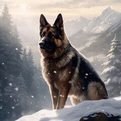 German shepherd. Portrait of a german shepherd dog. generative ai. Dog portrait, mountain snow background