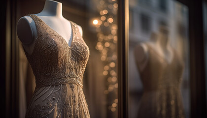 Elegant mannequin showcases fashionable wedding dress in boutique generative AI